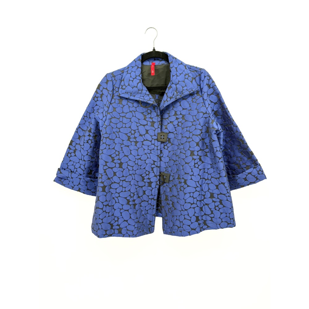 M&Kyoko Jacket Women 2 Blue Pebble Jacquard Funnel Neck Swing Coat Textured